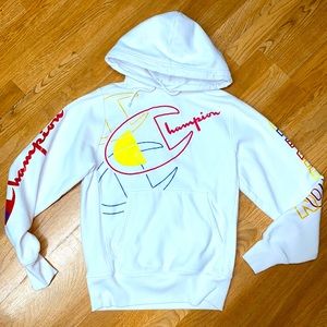 Vintage Champion Men’s Size Small Reverse Weave Hoodie White Colorful logo